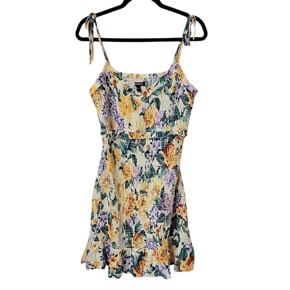 Express Ruched Floral Mini Sundress With Tie Shoulder Straps Womens Size Large